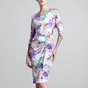 Escada Floral Asymmetrical Dress in White, Purple, Teal Size 38 Euro